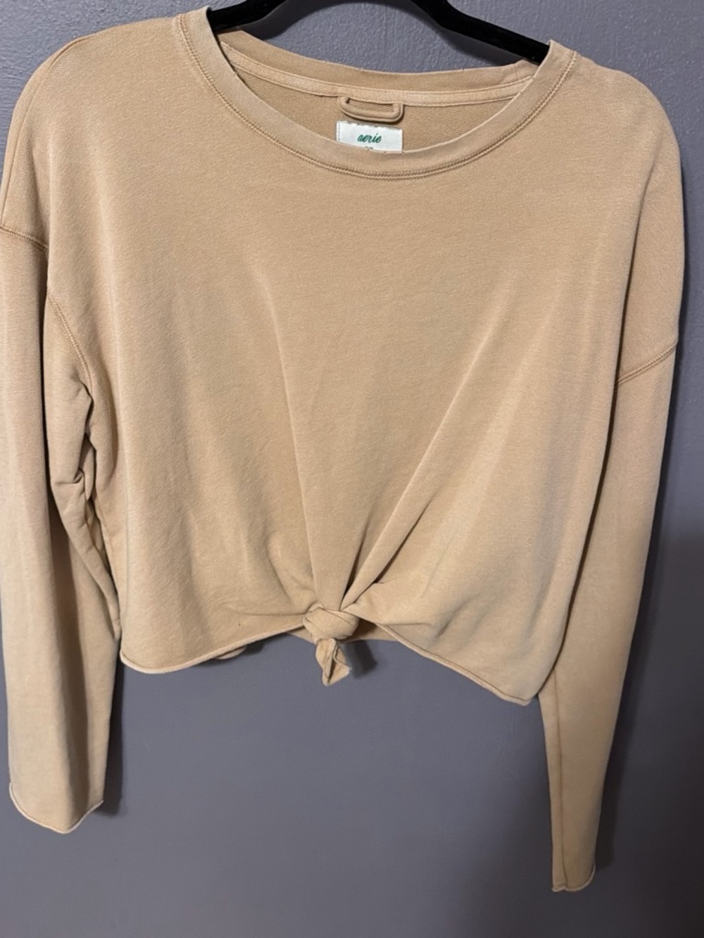 aerie Beige Tie-Front Long Sleeve Sweatshirt